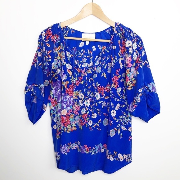 YUMI Kim Blue floral silk BoHo peasant blouse - Picture 5 of 11